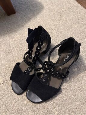 Gabor Black Suede Open-Toe Heels with Decorative Eyelet Straps
